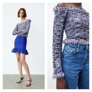 NWT ZARA Frayed Tweed Off the Shoulder Frayed Top S Blue